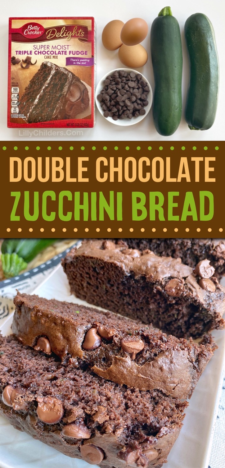 Chocolate Zucchini Bread Made With Cake Mix -- This super moist double chocolate chip zucchini bread is incredibly easy to make thanks to boxed cake mix! It’s basically dessert, but with hidden veggies. Your family will never know there is a whole lotta zucchini hidden in this yummy chocolate cake bread. It’s the best way to get your kids to eat their greens! The best little treat for after school snacks, breakfast, or even dessert after dinner. If you're looking for zucchini recipes to make from your garden, this chocolate bread is amazing.