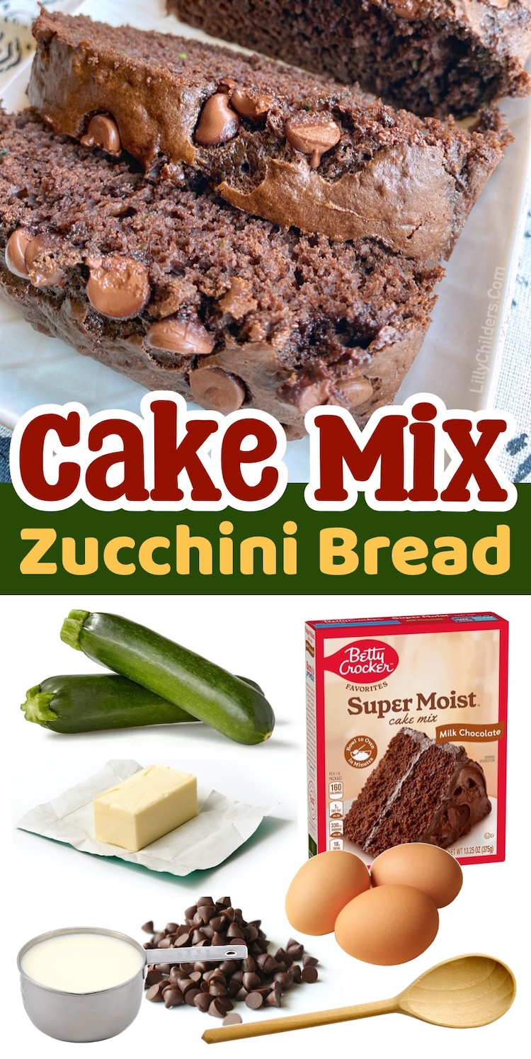 How to make chocolate zucchini bread with a box of cake mix! A great way to use up all those zucchinis from your garden. This delicious recipe is moist, yummy, and so easy to make with just a few basic ingredients!