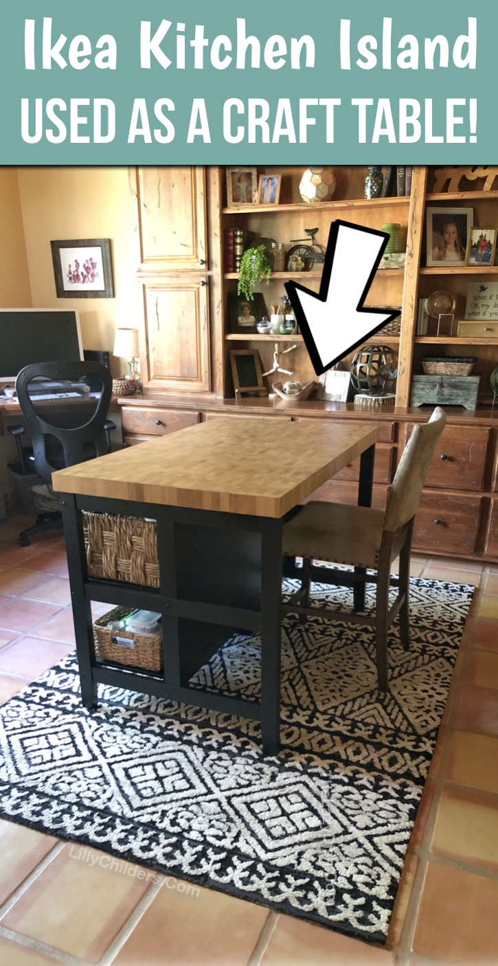 Looking for craft tables with storage? This Ikea hack is perfect in my office! I'm simply using a kitchen island as a work station. It's perfect for DIY projects, crafts, kids homework, and more! Comes with 2 shelves with ample storage for baskets. Perfect for an office or craft room. #ikea #crafttable 