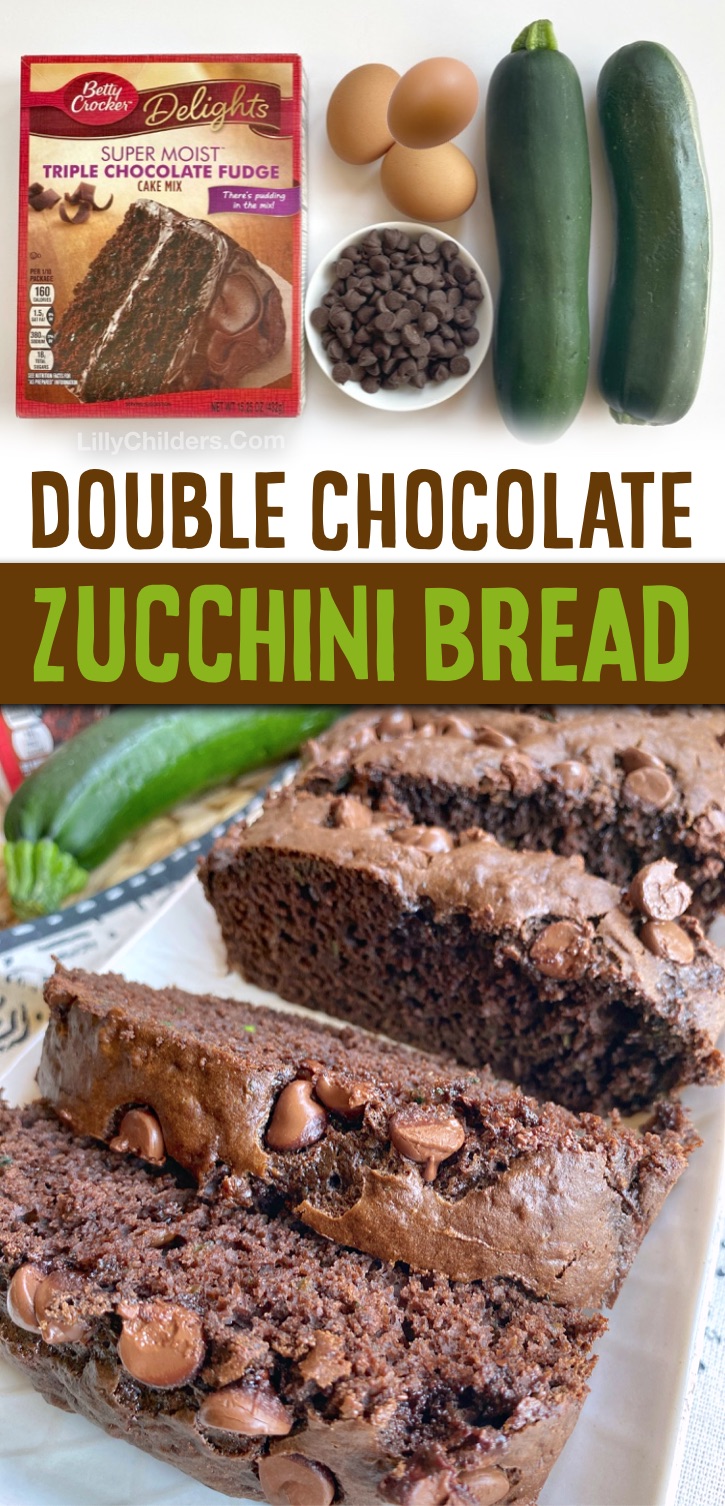 This moist and yummy double chocolate chip zucchini bread is incredibly quick and easy to make thanks to boxed chocolate cake mix! Your family will never know there is a whole lotta zucchini hidden in this yummy bread. If you're looking for zucchini recipes for all of the extra you have coming from your garden, zucchini bread is always a hit. Kids love it for breakfast, snacks and even dessert. I recommend the Betty Crocker triple chocolate cake mix and 2 medium size zucchnis finely shredded.