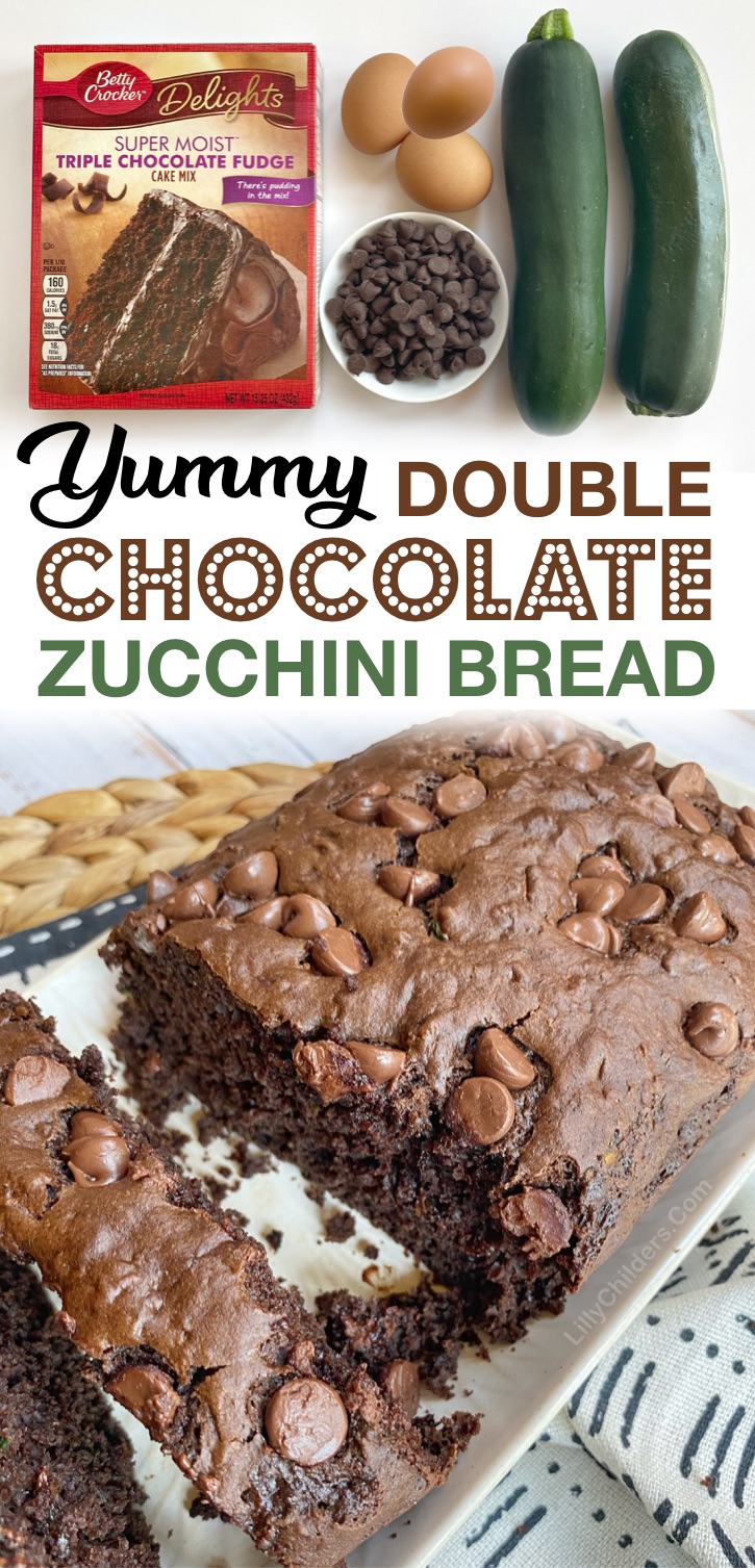 Easy Moist Double Chocolate Chip Zucchini Bread Recipe (made with cake mix!) This super quick and easy zucchini bread will soon be a family favorite. It's so simple to make thanks to boxed chocolate cake mix. 