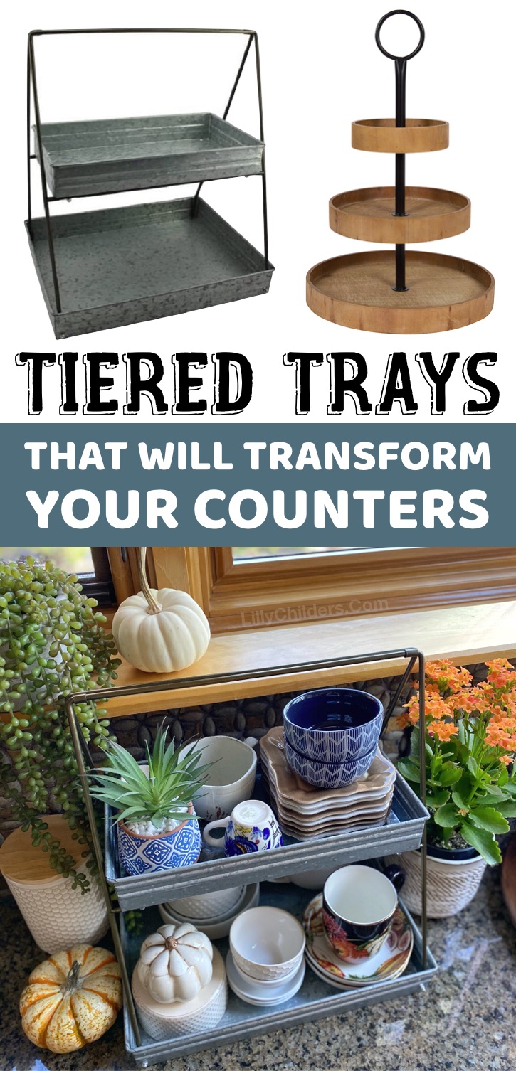These stands are perfect for tiered tray decor and storing essentials on your kitchen and bathroom counters! Lots of ideas and decorating tips-- rustic and farmhouse to holiday displays for Christmas and Fall. Everything from metal to wood. Tiered trays are super fun and creative for home decor!