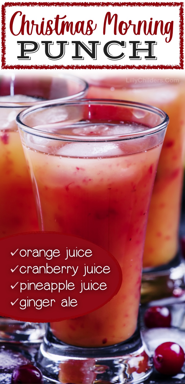 Looking for Christmas punch recipes that are non alcoholic? This blend of orange juice, cranberry juice, pineapple juice and ginger ale is perfect for Christmas morning! Kids love this easy holiday drink recipe. Serve cold over ice. Super easy to make! Great for school parties, too. 