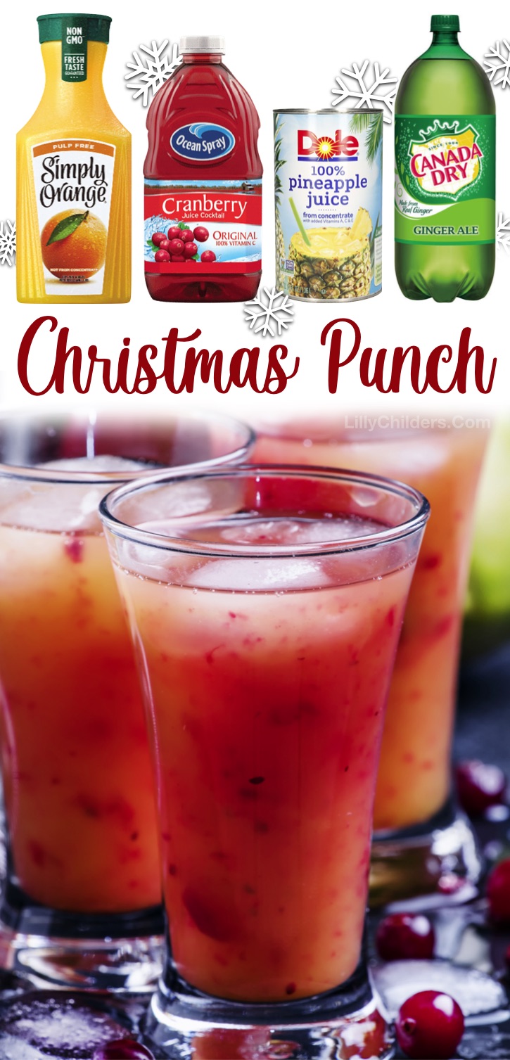 A Non Alcoholic Christmas Punch Recipe For Kids & Adults. This easy Christmas drink recipe is perfect for Christmas morning and holiday parties! The kids can’t get enough of this yummy fruity drink. It’s incredibly simple to make with just orange juice, cranberry juice, pineapple juice and ginger ale. You can also garnish it with fresh orange slices or cranberries to make it fancy. This is my family's favorite quick and easy Christmas punch! You can also make it boozy with vodka for the adults.