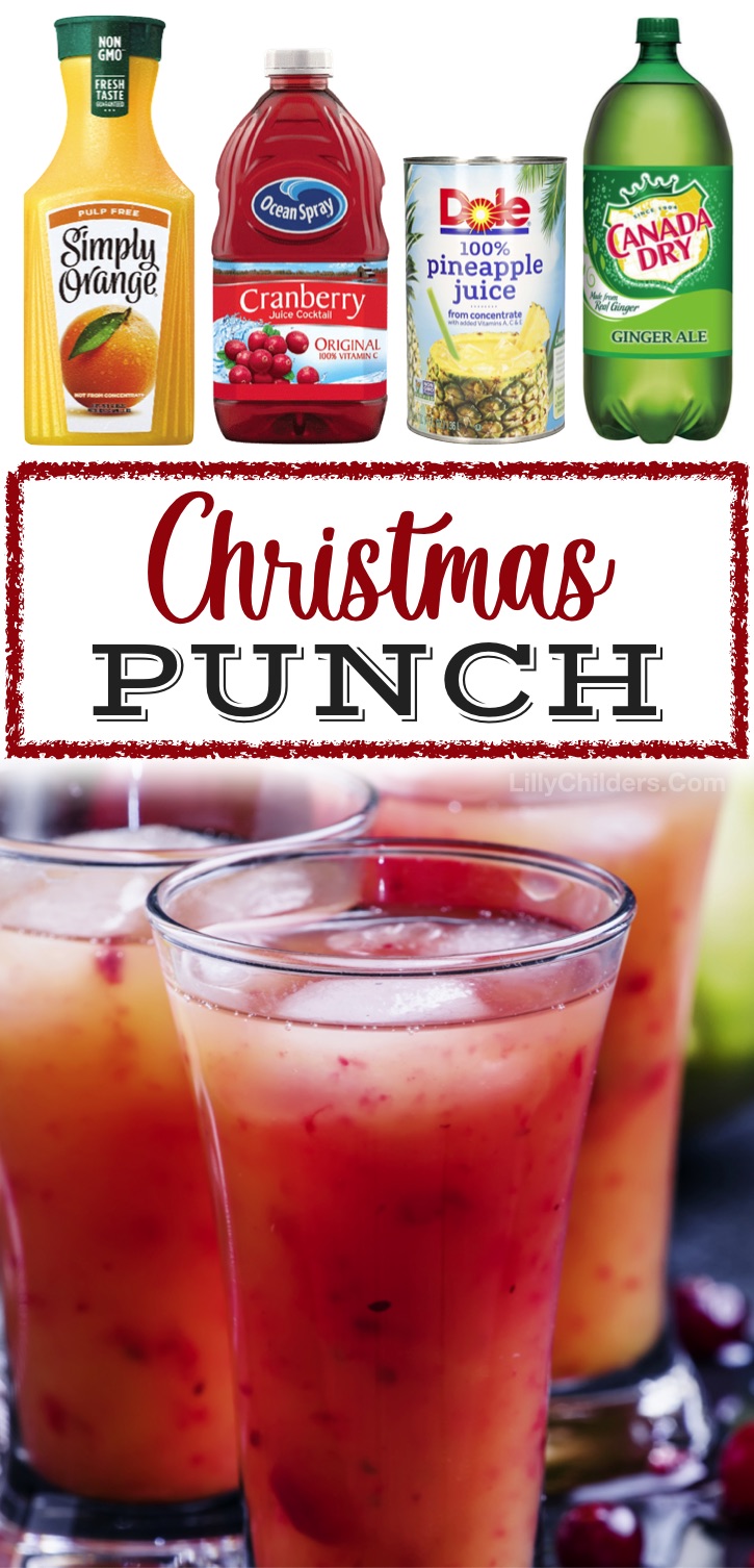 Christmas Punch Recipe (For Kids & Adults). If you're looking for non alcoholic punch recipes for Christmas, your entire family is going to love this easy fruity drink! It's made with pineapple juice, orange juice, cranberry juice and ginger ale. The kids love this punch for Christmas morning! It's also perfect for holiday parties and family gatherings. If you want to make it boozy, just mix it with about a cup of vodka. Great for Thanksgiving, too! Anytime during the holidays when you want something cold and yummy to drink. 