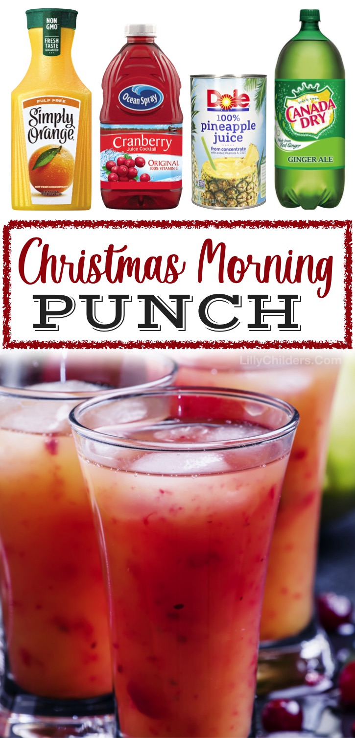 This easy holiday drink is made with just 4 ingredients including orange juice, cranberry juice, pineapple juice and ginger ale. It's so yummy for breakfast on Christmas morning or for any holiday party. Your kids are going to love this fruity drink! Want to make it boozy? Simply add in a cup of vodka or just serve it on the side as a mixer. It's always a hit at parties and family gatherings. Serve cold over ice. Yum!