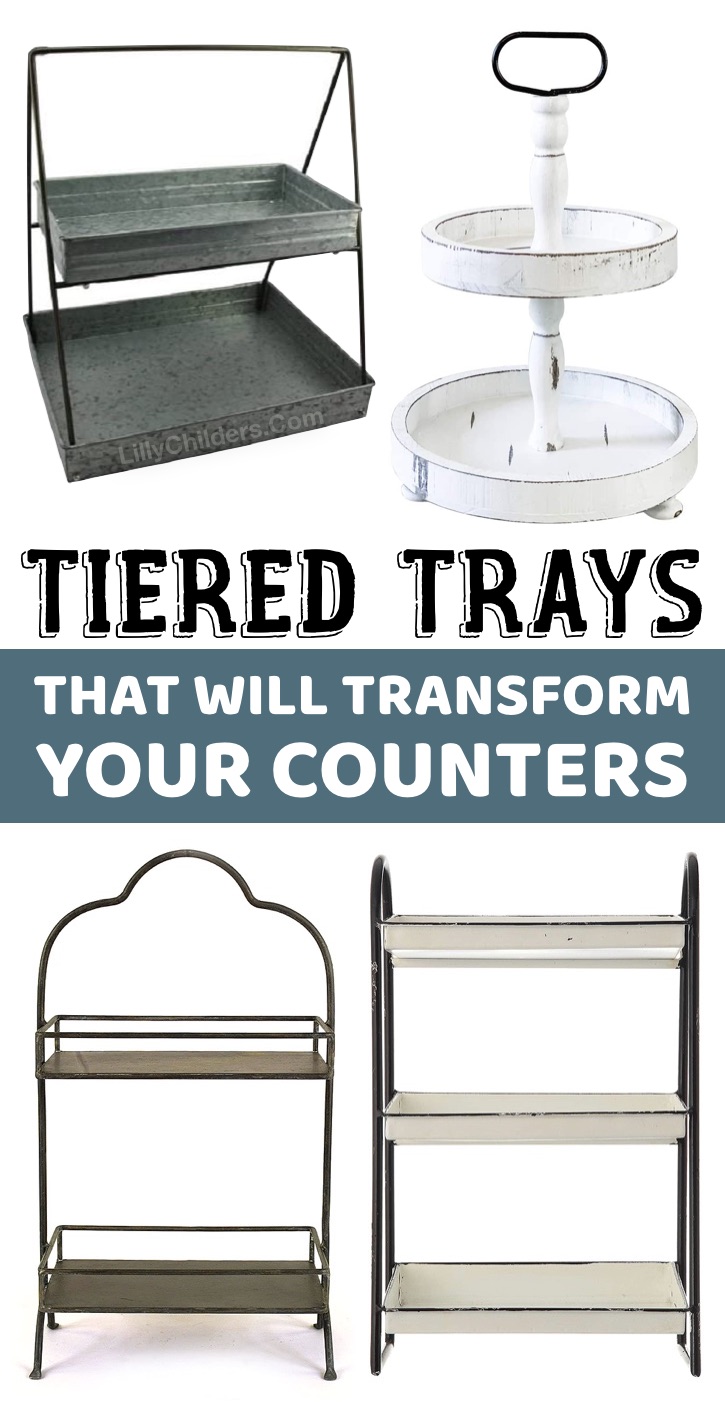 Tiered trays are not only useful for storing small items on your counters but they can look absolutely gorgeous, too! They are a fun way to add a little pizzaz to kitchens and bathrooms. Everything from rustic and farmhouse decor to holiday displays. They are perfect for kitchen islands, coffee bars and bathroom counter tops. I use them in the bathroom for q-tips, tissue, wash clothes and small bottle sof lotion and shampoo. Perfect in the kitchen for small dishes and spices that get used often.