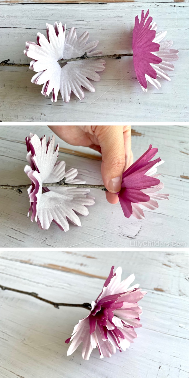 DIY Cupcake Liner Flowers Craft | This easy project is beautiful and fun to make with just a few cheap supplies that you already have at home. This paper flower bouquet makes for gorgeous home decor or even party decoration. A lovely centerpiece for any occasion! Because of the hot glue gun and intricate cutting involved, it's best for adults and older kids like teenagers. 