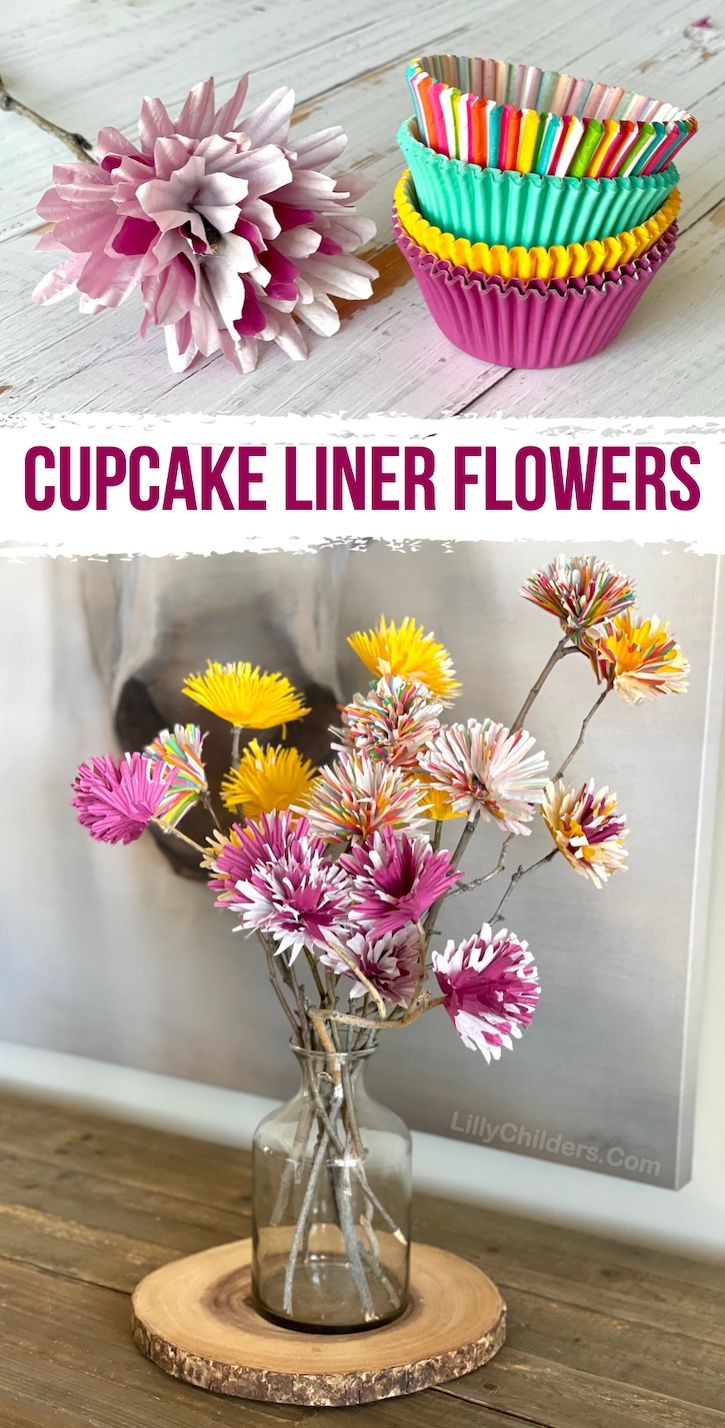 DIY Cupcake Liner Flowers | This fun and easy craft idea is simple for adults and older kids to make! I love how it looks on my entry table. If you're looking for simple projects to do at home, this is one of my favorite crafts I've ever made. It's actually pretty enough to display, and uses cheap supplies you already have at home. These paper flowers with stems would also make for a great gift or party decoration. Super easy and beautiful! 