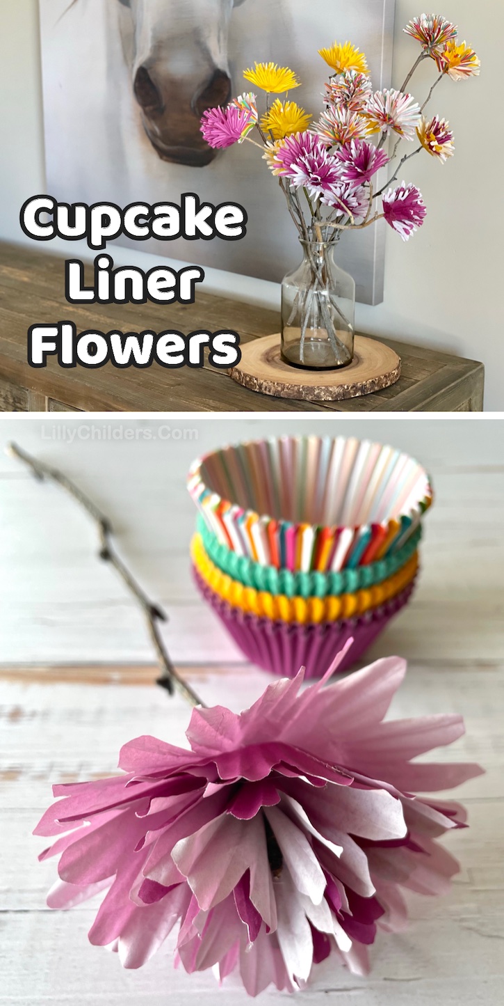 DIY Paper Flowers made with sticks and cupcake liners! A gorgeous craft idea! These flowers with stick stems are perfect for making a lovely colorful bouquet of flowers for your home. If you're bored at home and looking for something pretty to make, you've got to try this easy project!
