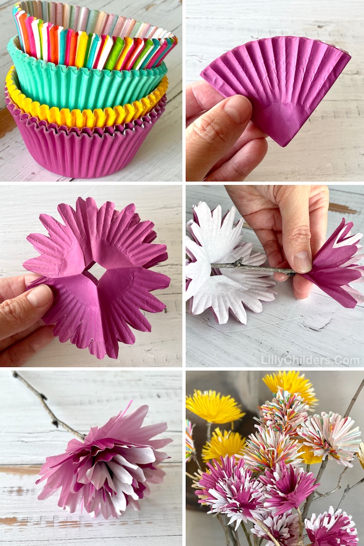 Easy Cupcake Liner Flowers | Make a beautiful bouquet of flowers with colorful cupcake liners and sticks! This fun and easy project actually turned out pretty enough to display on my entry table. Choose colors that match your homes decor, and voila! I plan on using these flowers as a centerpiece on my kitchen island for parties and holidays, too. 