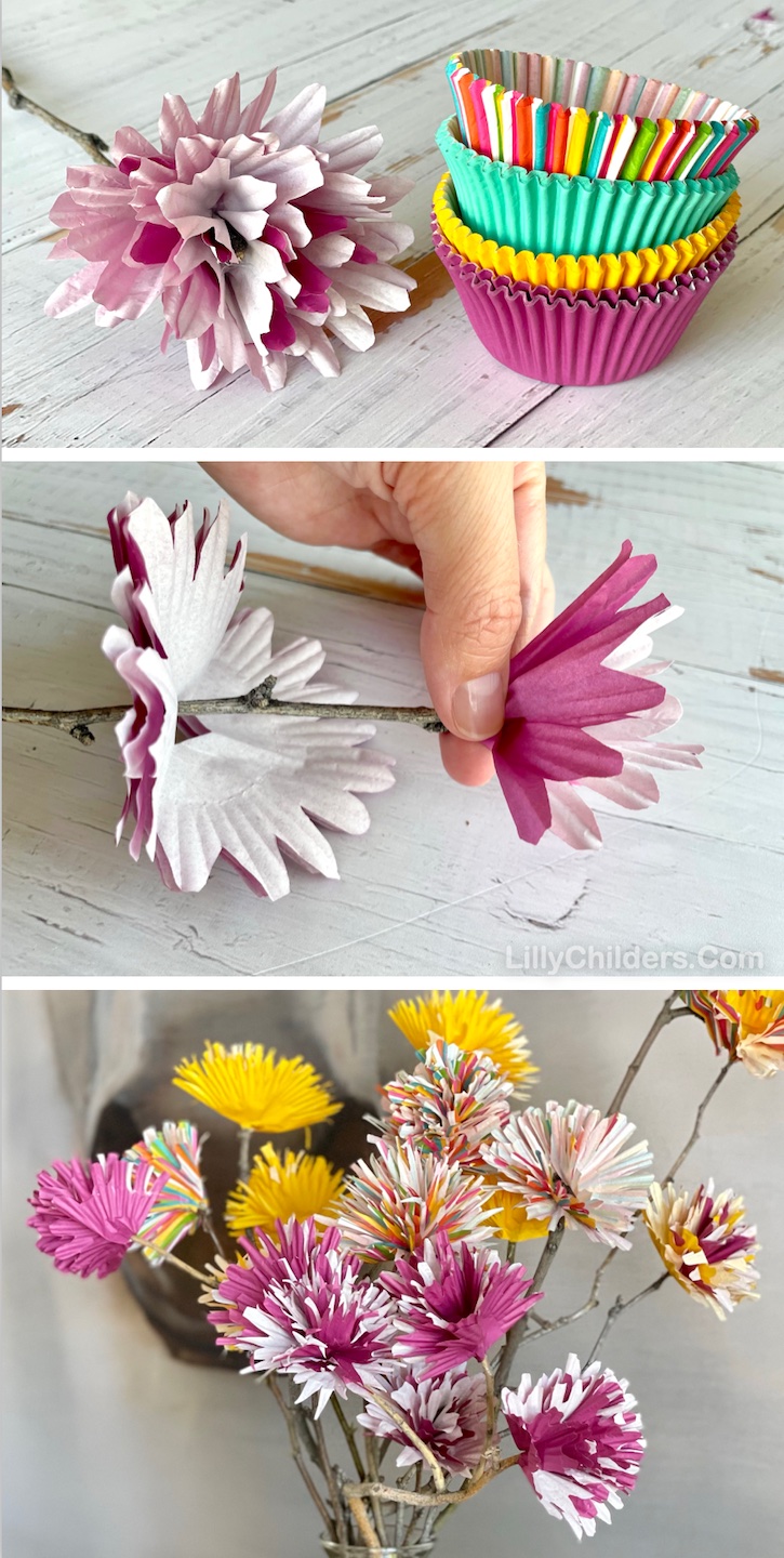 Are you looking for fun and easy crafts for adults to make at home? These DIY Cupcake Liner Flowers turned out amazing! This simple project is actually really cheap to make with just sticks, cupcake liners, hot glue and scissors. Supplies you probably already have at home! A fabulous home decor project, or even centerpiece for parties and holidays. 