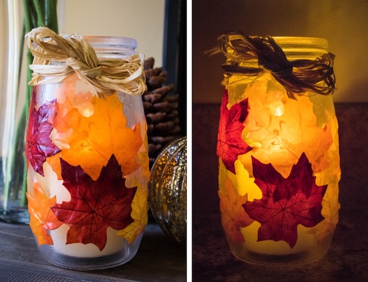 DIY Fall Leaf Candle Holder made with faux leaves, mod podge and a mason jar. This easy Autumn craft is a great project for adults, teens, and seniors to make for home decor or even homemade gifts. 