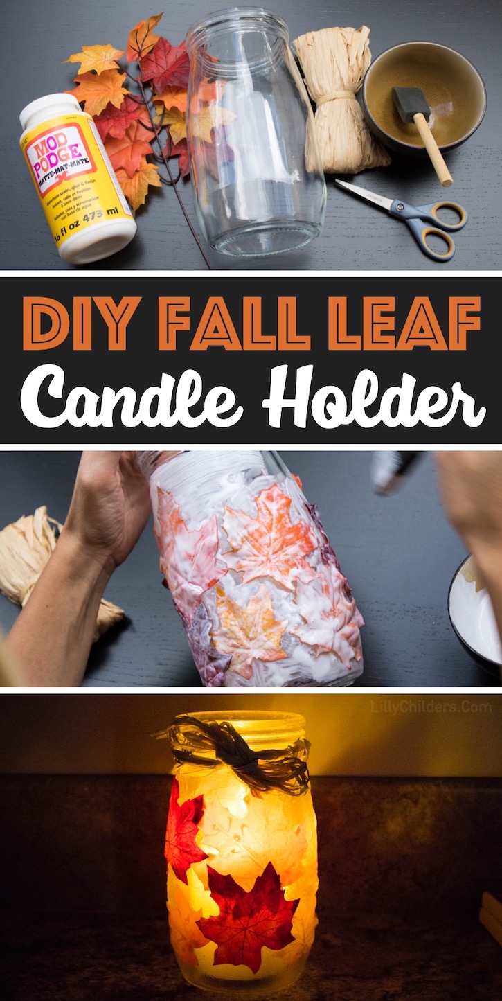 Glass Jar Fall Leaf Candle Jar | A DIY adult craft project for fall using glass jars, mod podge and fake or dried leaves. A beautiful project to try during the Autumn season. These candle jars make for beautiful home decor and homemade gifts!