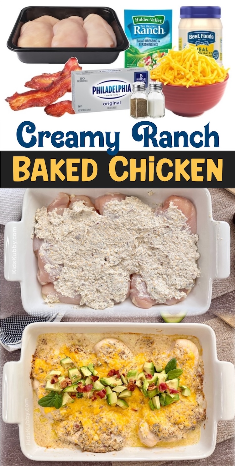 Creamy Ranch Baked Chicken | Slather this creamy mixture onto a few chicken breasts in a large baking dish, top with shredded cheddar cheese, and bake for an easy weeknight meal for your family. The crispy bacon takes it over the top! This is a great recipe if you have picky eaters at home. Chicken is always a go-to for us, and this is our new favorite way of baking it. 