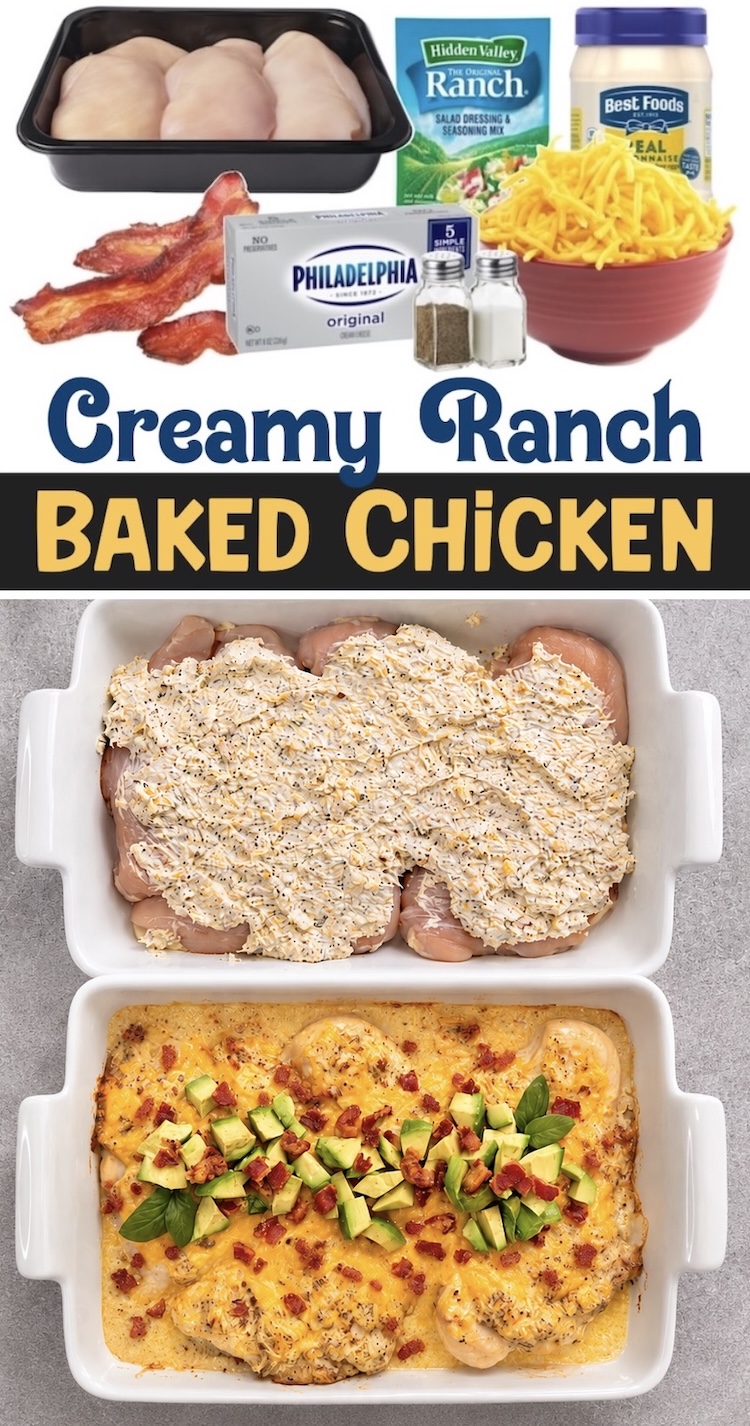 reamy Ranch Baked Chicken | Slather this creamy mixture onto a few chicken breasts in a large baking dish, top with shredded cheddar cheese, and bake for an easy weeknight meal for your family. The crispy bacon takes it over the top! This is a great recipe if you have picky eaters at home. Chicken is always a go-to for us, and this is our new favorite way of baking it. 