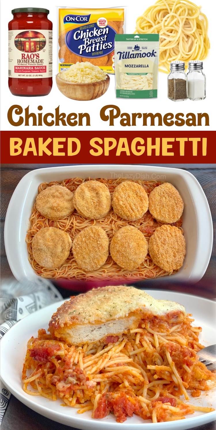Chicken Parmesan Baked Spaghetti | The extra lazy way to make chicken parmesan using frozen chicken patties and few other cheap ingredients! If you're looking for chicken dinner ideas to feed a large family, this is it. This yummy pasta bake is also wonderful served leftover so you could get several meals of it, making dinner time a breeze during the week. 
