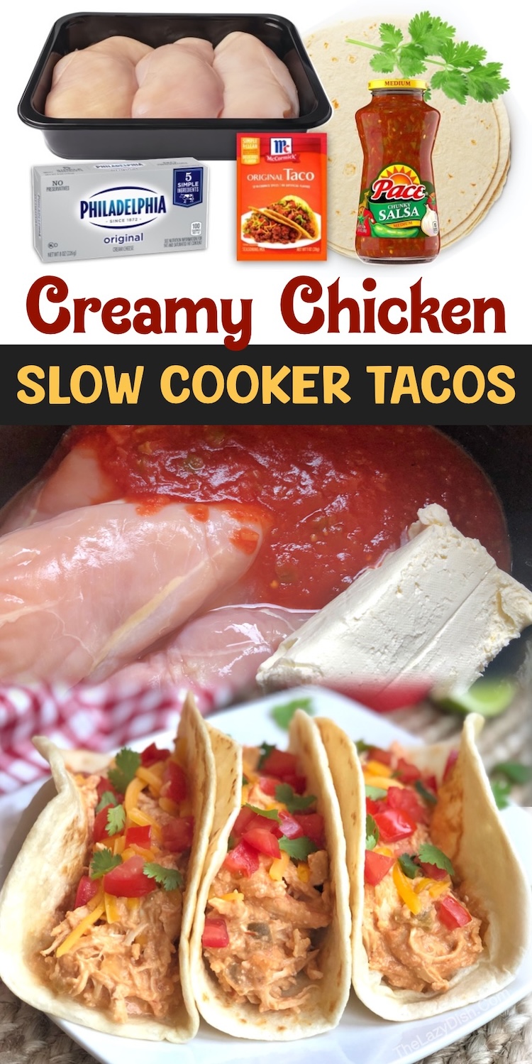Creamy Salsa Chicken Tacos | Super easy to make with just 4 ingredients! This family friendly meal is kid approved and easy for mom to dump in the slow cooker ahead of time. No hassle and no fuss! Serve this tasty cream cheese chicken in tortillas with your favorite taco toppings and condiments. 