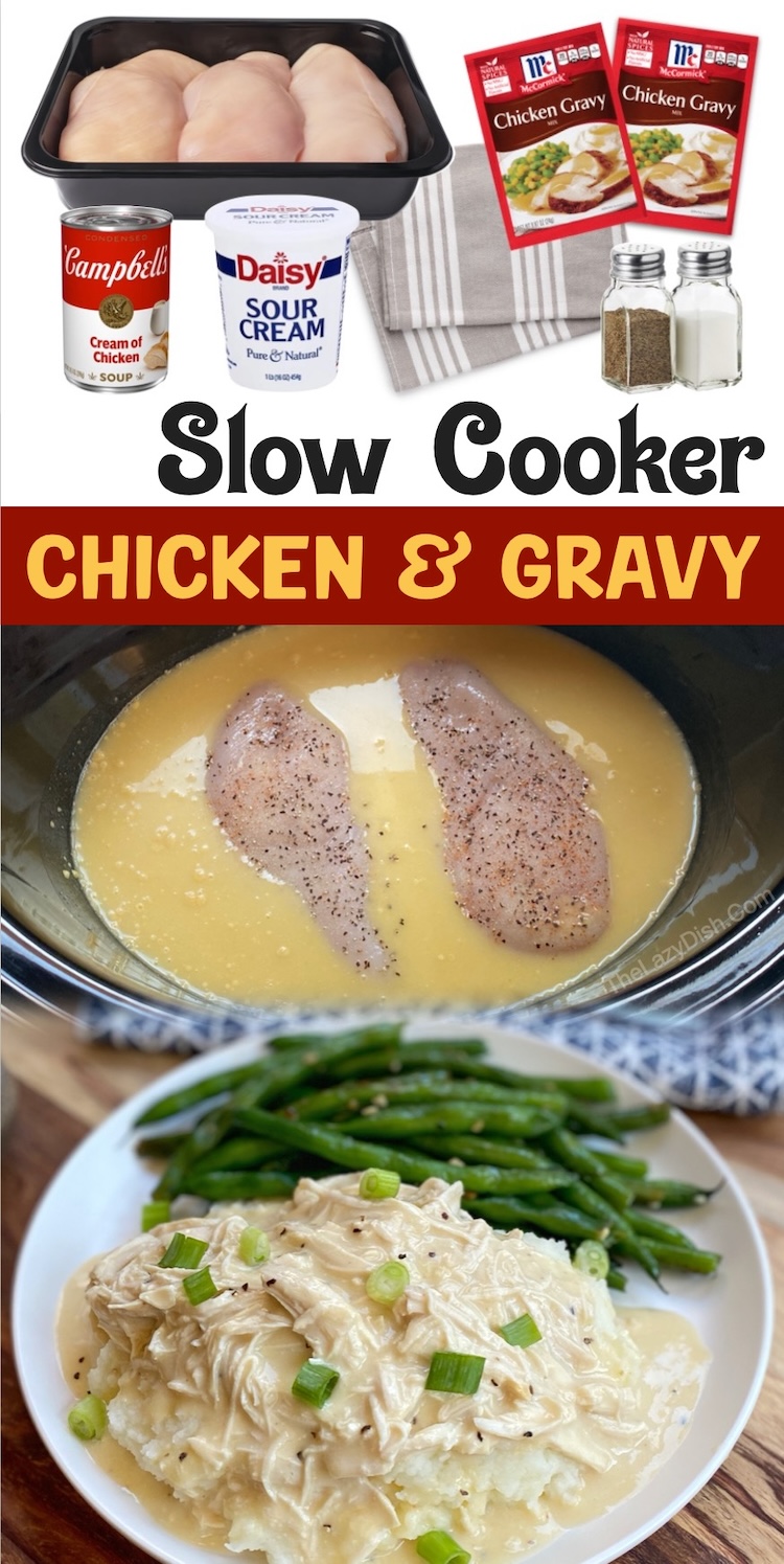 Slow Cooker Chicken & Gravy | This crockpot shredded chicken is perfect served over mashed potatoes. It reminds us of the holidays! Just dump everything into your crockpot and wait for the magic to happen. This chicken is super creamy and flavorful thanks to just a few cheap ingredients including chicken gravy mix and a can of soup. 