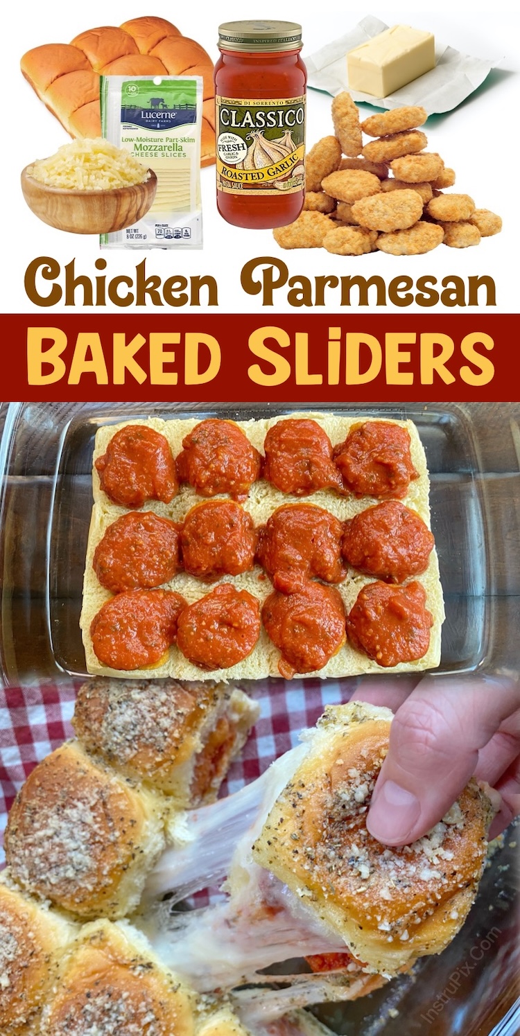 Chicken Parmesan Sliders | These mini sandwiches are simple to make thanks to frozen chicken nuggets, Hawaiian rolls, pasta sauce, cheese, and butter! A favorite amongst picky kids of all ages. These are yummy served for casual dinners at home with the kids, sleepovers, or even family gatherings because they make for the perfect finger food. 