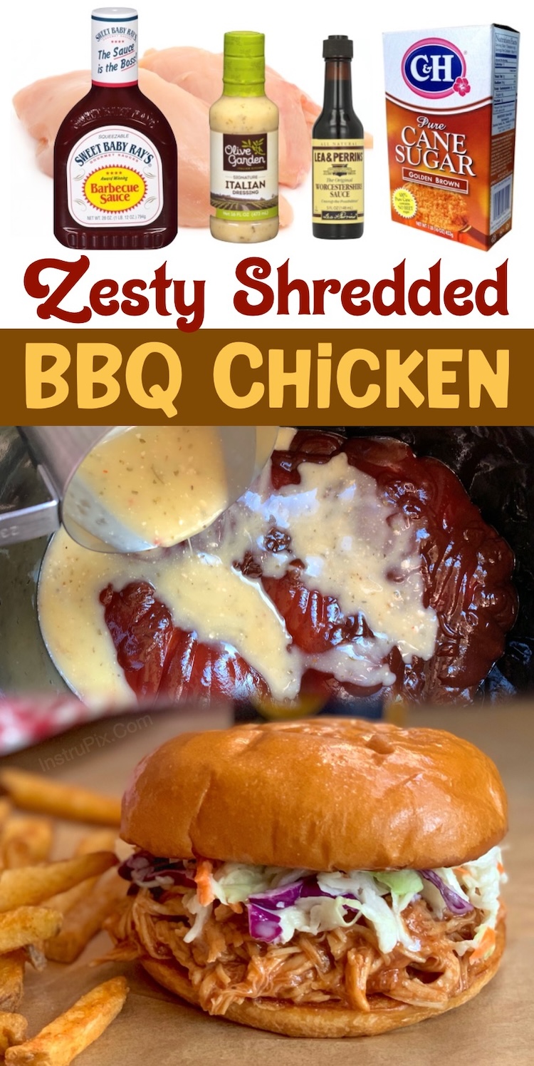 Zesty Slow Cooker Shredded BBQ Chicken Sandwiches | A yummy make ahead dinner for any occasion! Casual meals with your family, potlucks, family gatherings, game day, and more. Either way, it loved amongst kids and adults. Serve with coleslaw and a side of potato chips for the ultimate comfort food. 