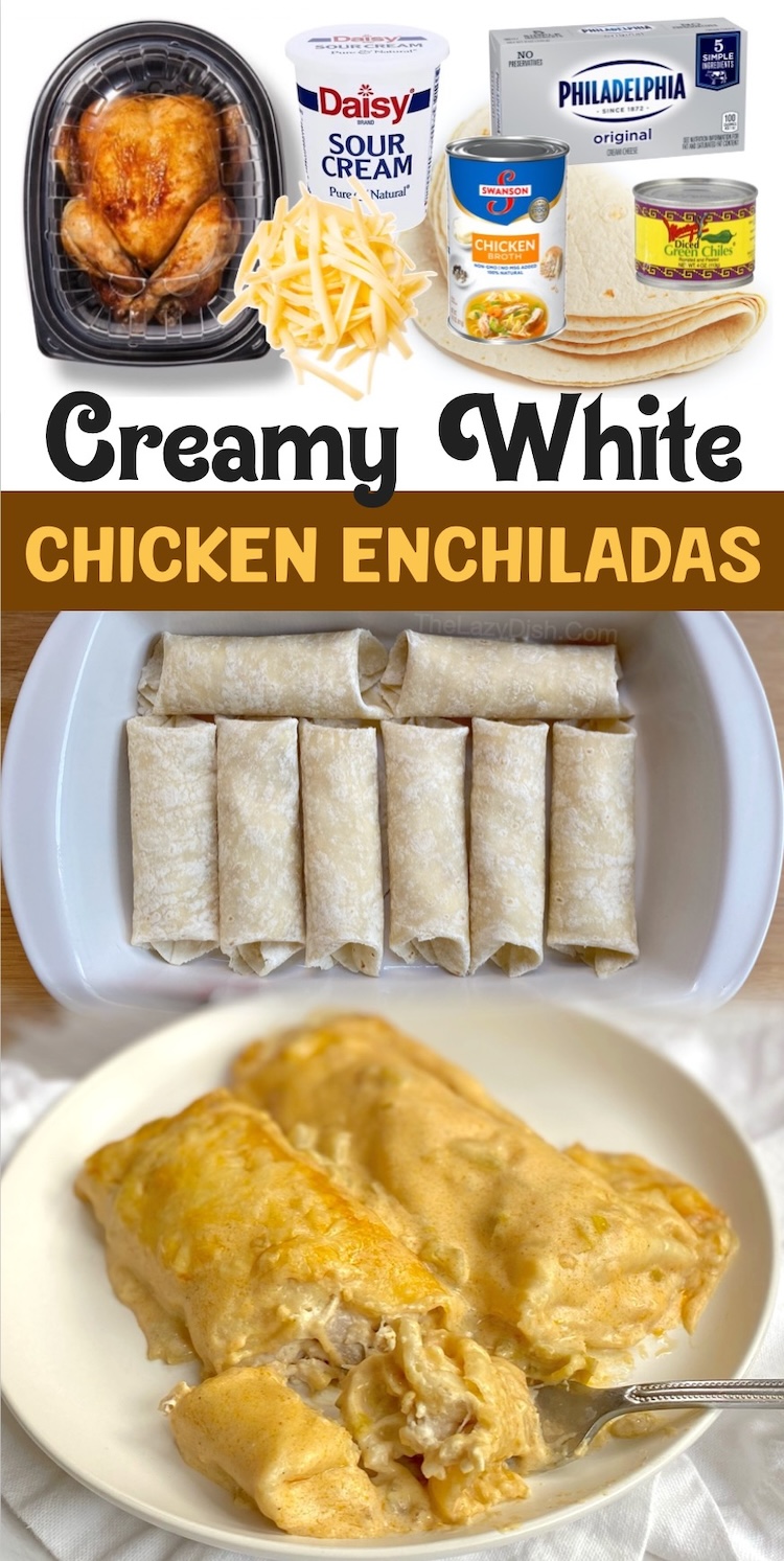 Creamy White Chicken Enchiladas for dinner tonight! This easy comfort food will soon be a family favorite meal. Add it to your dinner menu and then thank me later! We make this often when we are craving Mexican food but don't want to break the bank going out to eat. The creamy white sauce is to die for!