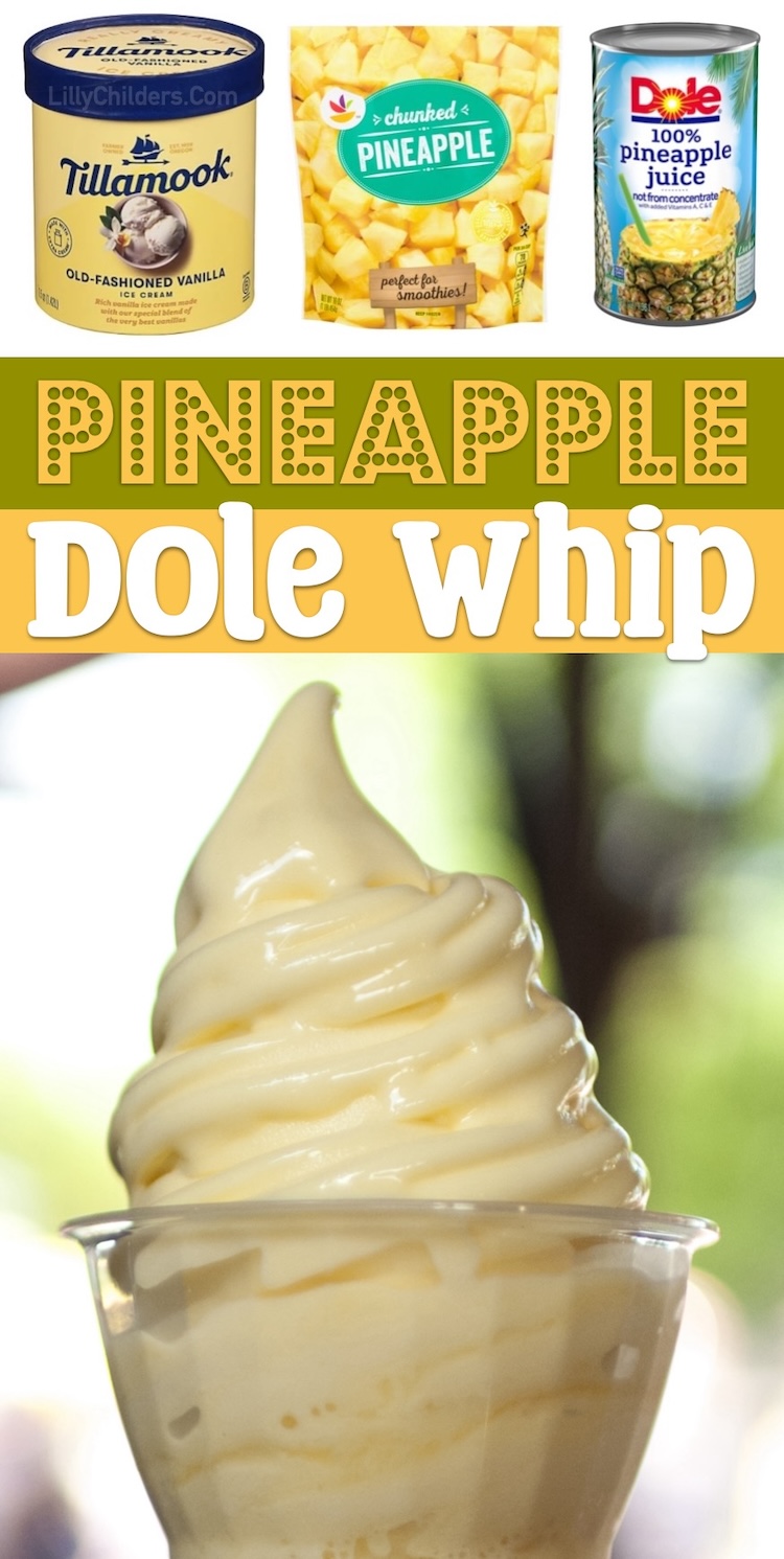 Easy Homemade Disney Copycat Pineapple Dole Whip | A quick and simple fast treat to make in your blender with just 3 ingredients! This summer time dessert is a huge hit with my family, including my picky kids. It's loaded with fruit so I don't feel so bad about it!