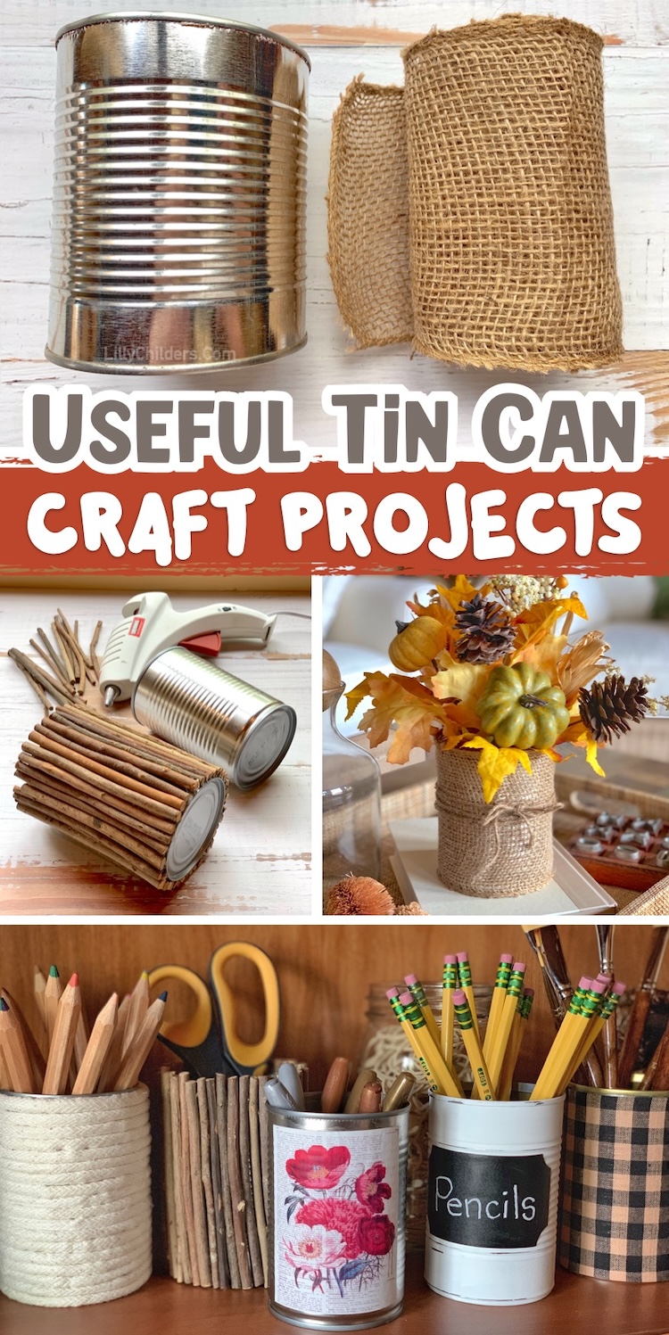 How to recycle tin cans into useful and pretty storage containers! If you're looking for upcycling ideas, there's nothing more budget friendly than turning tin cans into gorgeous containers for holiday garland, office supplies, make up brushes, and craft room organization.