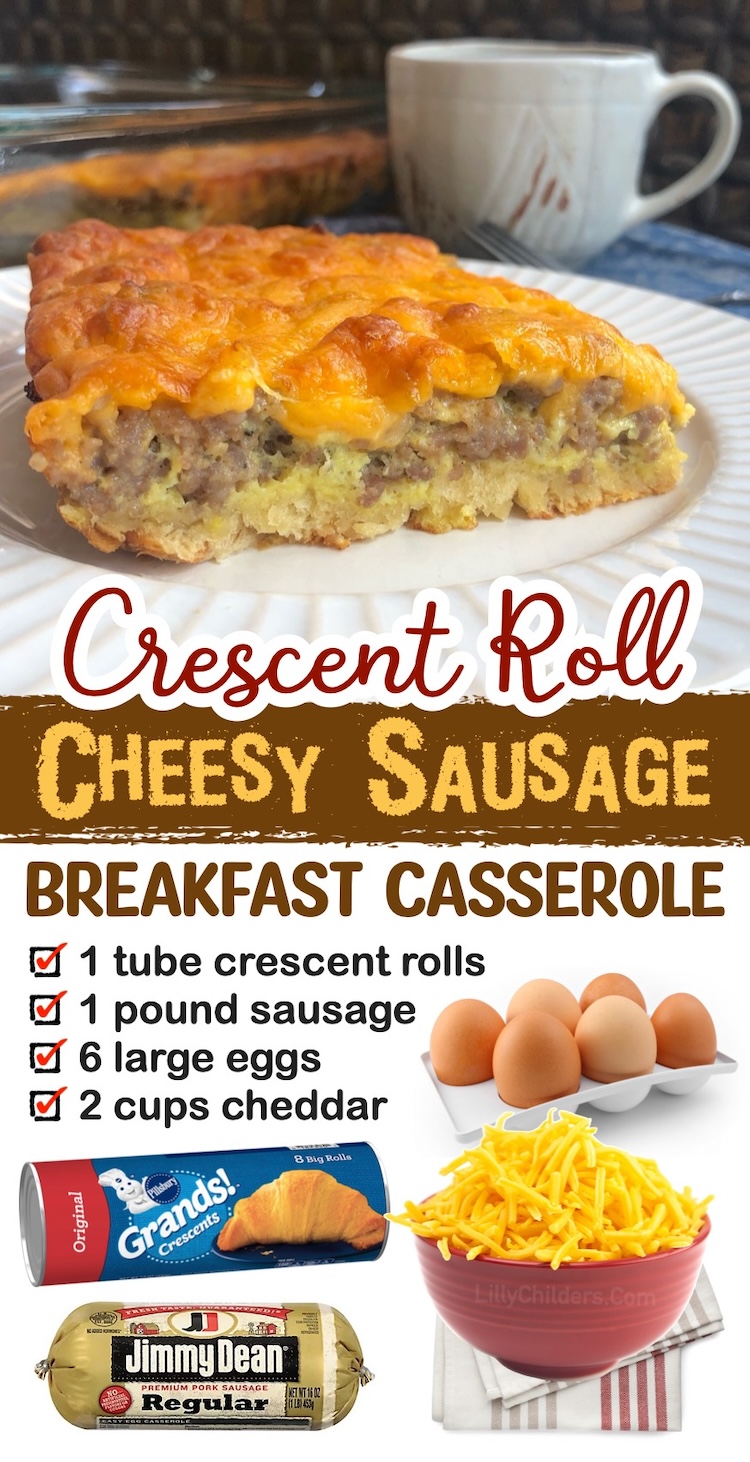 Are you looking for easy breakfast casserole recipes? This Sausage and Egg breakfast bake is made with a layer of Pillsbury crescent rolls and lots of cheese to make a yummy meal your family will love, including your picky kids! It's fast to make with just a few cheap ingredients, making it perfect for a casual breakfast at home, sleepovers, and holiday gatherings. The ultimate morning comfort food! 