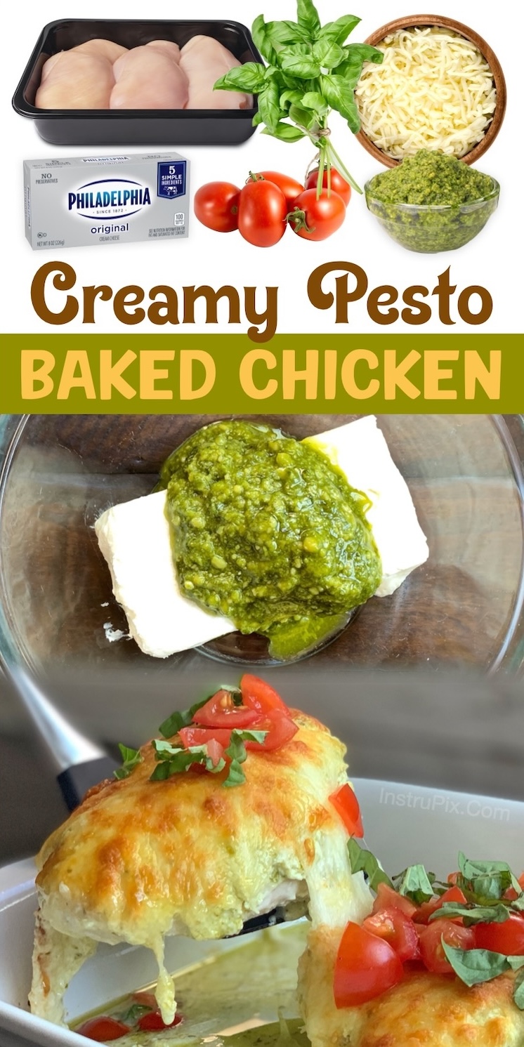 Cheesy Pesto Baked Chicken | My favorite way to cook chicken breasts in the oven! Slather them with a yummy mixture of cream cheese and basil pesto, top with mozzarella cheese, and then bake in the middle rack of your oven. Garnish with fresh basil and tomato for a flavorful and low carb dinner even you kids will enjoy. Serve however you'd like! A side of pasta or rice is always a good choice. 