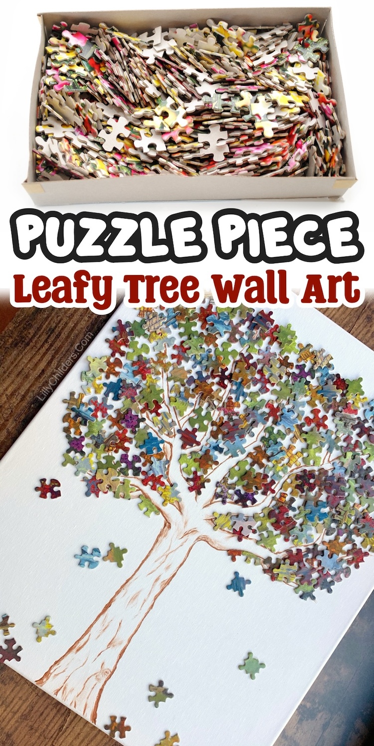 You're going to love this puzzle piece craft idea! A step by step tutorial on how to make beautiful and whimsical wall art using a blank white canvas and colorful puzzle pieces. This is a creative craft project for both adults and older kids.