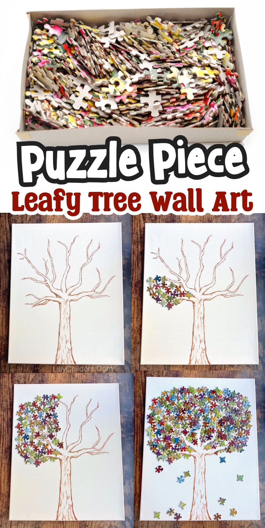 If you're looking for rainy day projects to make, this adult craft makes for beautiful DIY wall art! Simply glue puzzle pieces onto a canvas with a simple painting of a tree trunk.