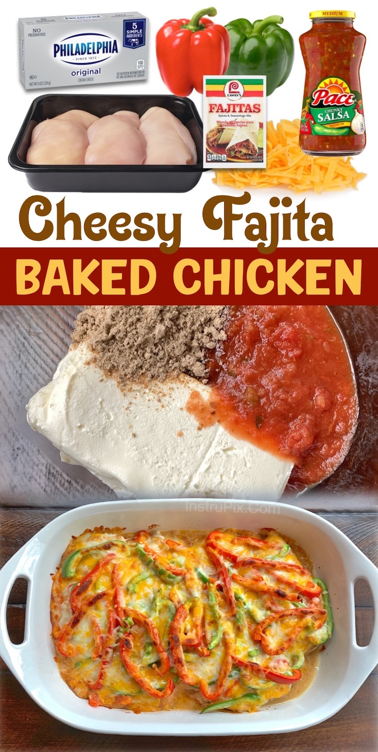 Cheesy Fajita Baked Chicken Breasts | This oven baked recipe is an easy and delicious way to eat fajitas! The main dish is naturally low carb for those of you watching your carb intake, but is still wonderful for the entire family. My kids like to eat this creamy chicken in warm flour tortillas or over rice!