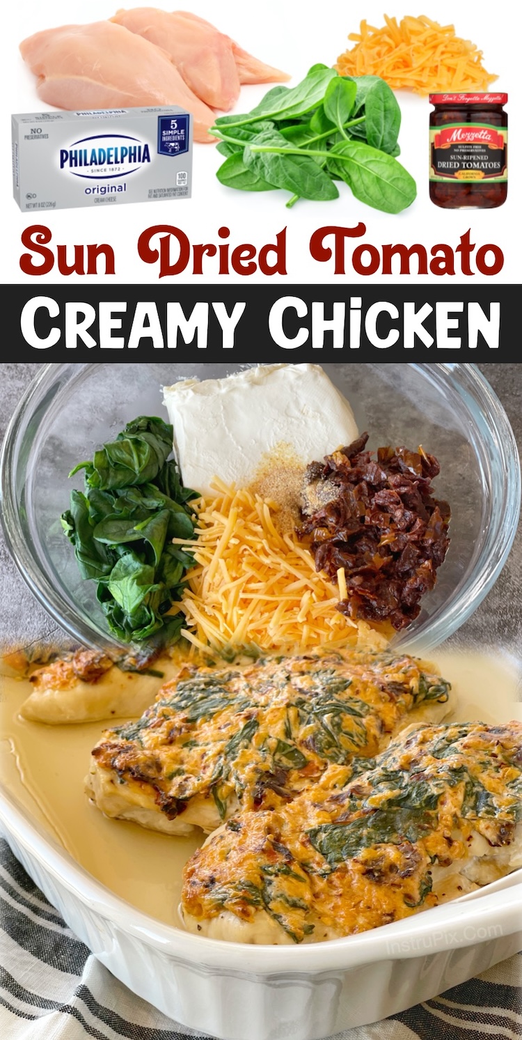 Sun-Dried Tomato Cream Cheese Baked Chicken | A low carb and delicious family dinner idea! Eat alone or with a pasta, rice, potatoes, or anything else you'd like. This is my new favorite way of baking chicken. How can you go wrong with smothering chicken is a flavorful cream cheese mixture? This recipe only requires one dish, so it's easy clean up with very little prep. 