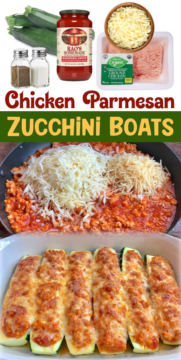 Chicken Parmesan Zucchini Boats | Are you looking for healthy and low carb chicken dinner recipes that your entire family can enjoy? This easy ground chicken recipe is a family favorite dinner in my house! To make the meal go even further, you can also serve with a side of pasta or garlic bread for your hungry husband and growing kids. 