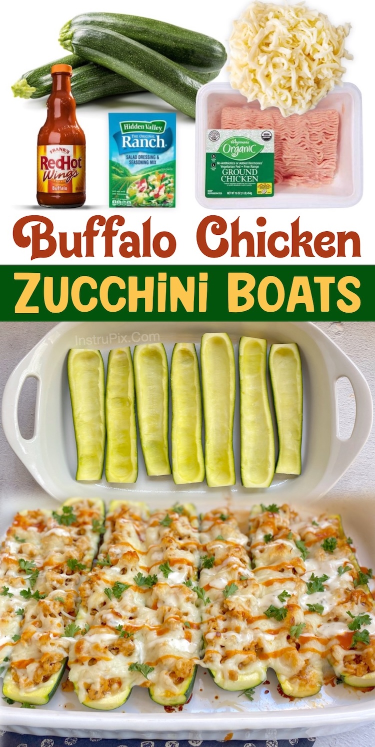 Cheesy Buffalo Chicken Zucchini Boats | Healthy, low carb, and yet insanely delicious! This family friendly meal can be customized to your liking with the hot sauce of your choice (hot or mild). My husband and I are usually watching our carbs, so this recipe is perfect for us, and the kids love it with a side of garlic bread or buttered noodles. 