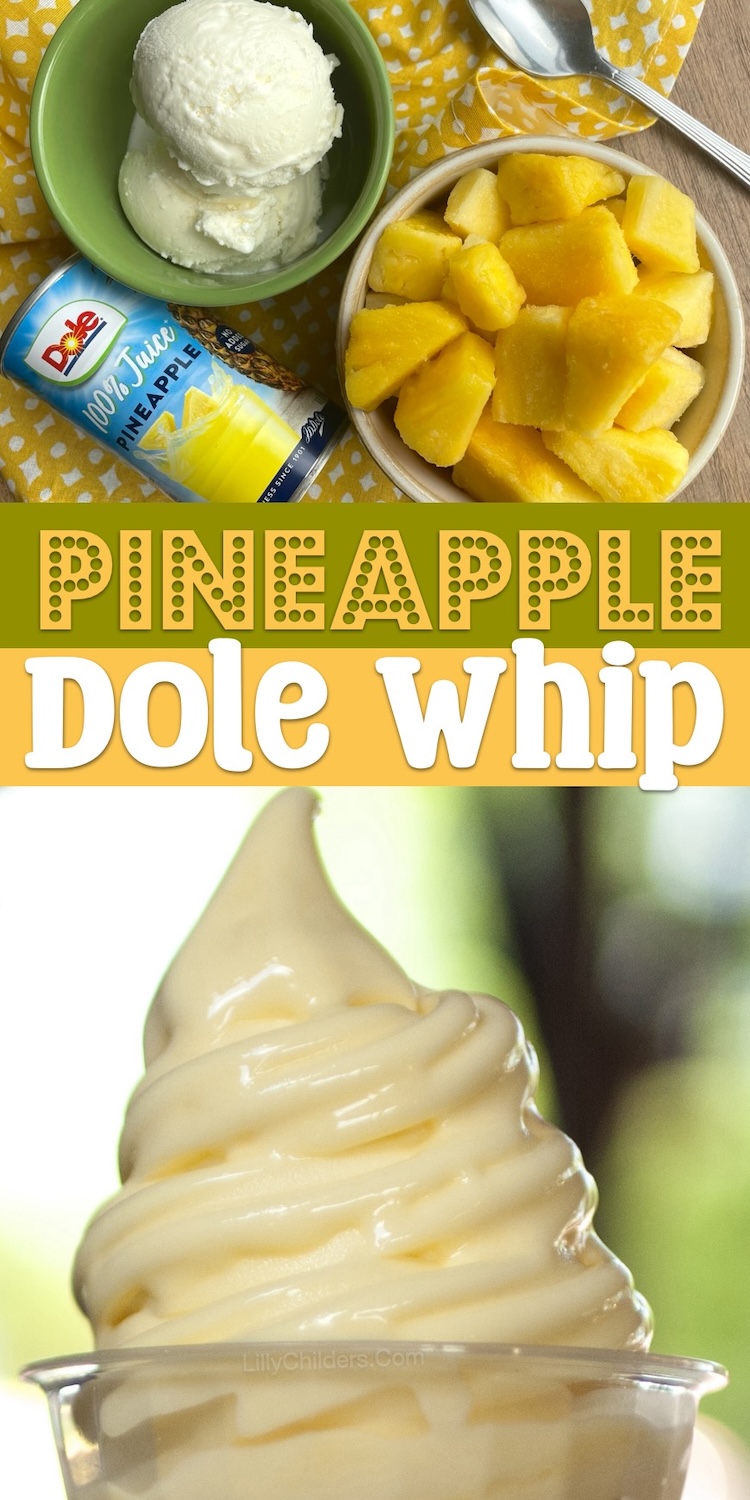 Easy Pineapple Dole Whip Dessert Recipe made with just 3 ingredients in your blender! This homemade sweet treat is perfect for the spring and summer time. It's like a mix of a soft serve ice cream and sorbet making for a refreshing and delicious dessert your entire family will love.
