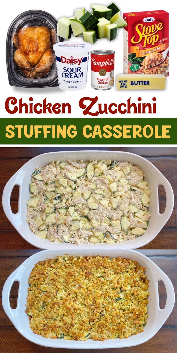 Chicken Zucchini Stuffing Dinner Casserole | This easy meal is packed full of flavor and can be made with any kind of chicken including rotisserie, canned, or leftover. A favorite weeknight dinner for a family with picky kids! Add this recipe to your dinner menu for busy school nights. 
