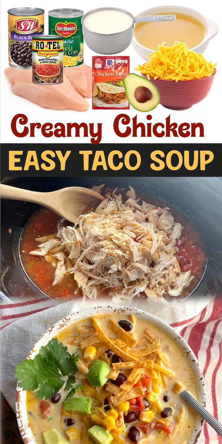 Creamy Chicken Taco Soup | This slow cooker dinner recipe is fast to prepare, made with simple ingredients, and insanely delicious! Definitely a family favorite chicken dinner that even has my picky eaters going back for seconds. We love this creamy soup served with tortillas chips and avocado to make it extra yummy. 