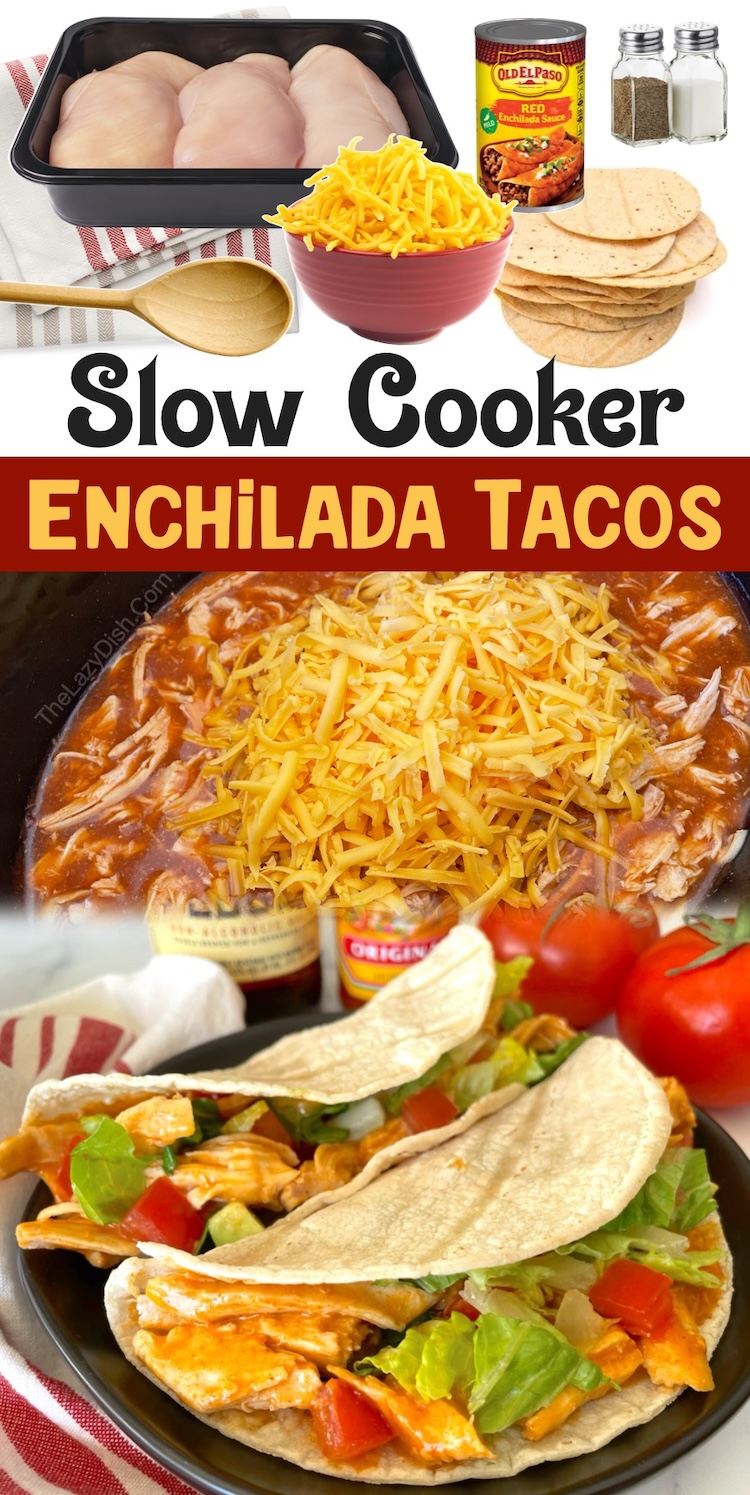 Slow Cooker Enchilada Tacos | A fun and easy way to make enchiladas! Instead of the traditional way, try cooking the chicken in your slow cooker with enchilada sauce and cheese, shredding it, and then serving in warm flour tortillas with yummy toppings such as lettuce, avocado, and tomato. If you're looking for easy chicken dinner recipes to make tonight, go ahead and let your crockpot do all the work for you with this one!