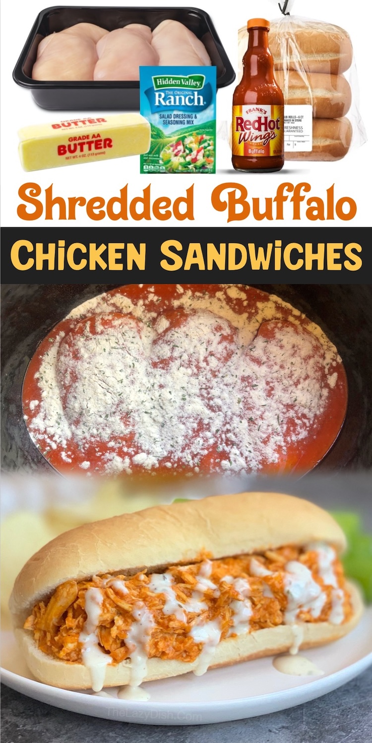 Shredded Buffalo Chicken Sandwiches | Break out your crockpot because you are about to make spicy and delicious sandwiches for your family tonight! This easy recipe only requires a few ingredients and is perfect for making ahead of time for casual family dinners. The ultimate comfort food! We love making these chicken sandwiches on game day or Football Sunday. 