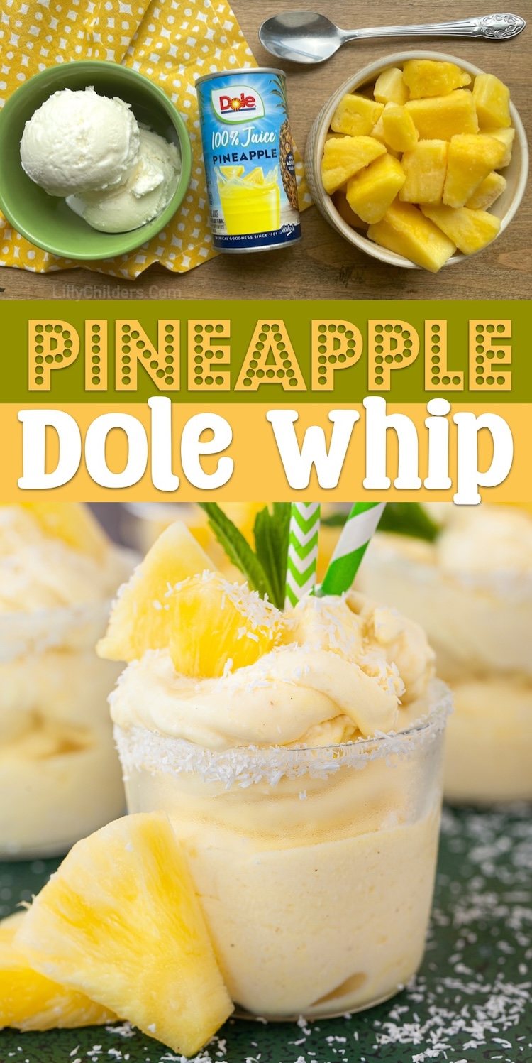Are you looking for cold summer time treats to make? Enjoy this Pineapple Dole Whip by the pool all summer! It's sweet, creamy, and refreshing all at the same time. No baking required, just a blender and 3 simple ingredients. Customize it with the fruit of your choice!