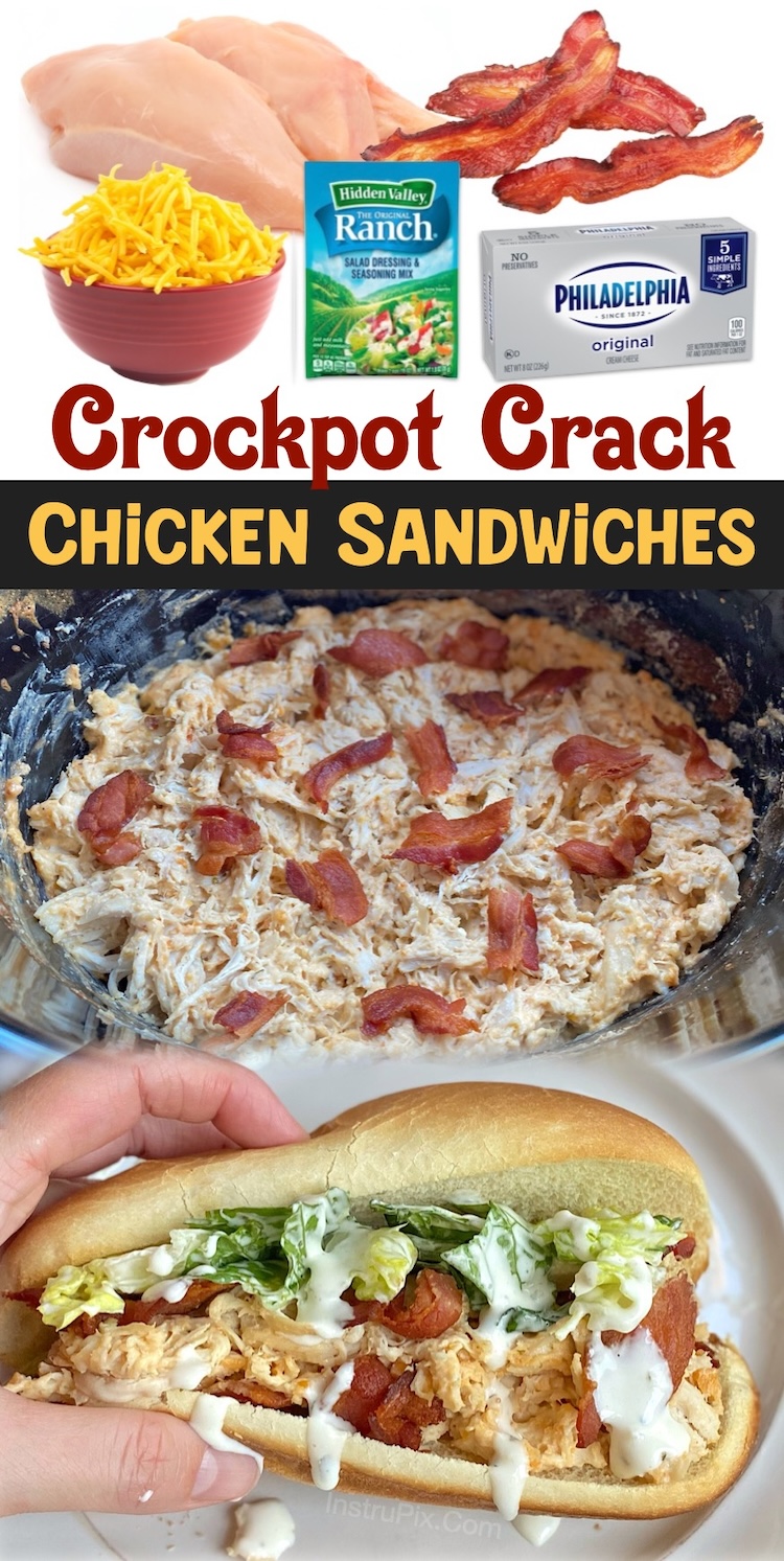 Crockpot Crack Chicken Sandwiches | This cream cheese ranch shredded chicken is simple to make in your slow cooker and then you serve it in hoagie rolls with crispy bacon, lettuce, and ranch dressing for the best comfort food you'll ever eat. Better than anything you'd get at a sandwich shop and so easy to make ahead of time!