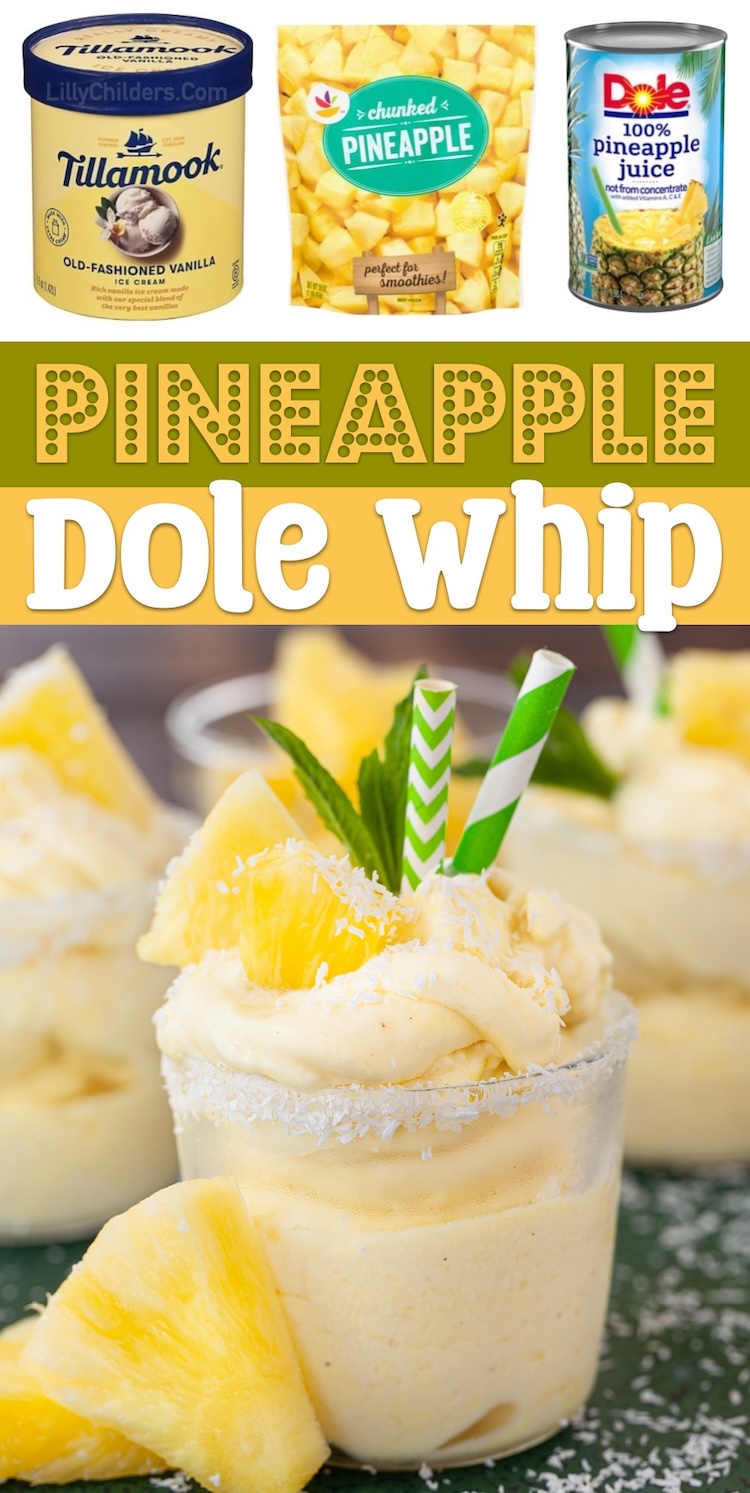 You're going to love this quick and easy homemade summer time treat! It tastes just like Disney's Pineapple Dole whip and yet it's super easy to make in a blender with ice cream, frozen pineapple chunks, and juice. Enjoy it by the pool this summer! My kids go crazy for this frozen cold treat.