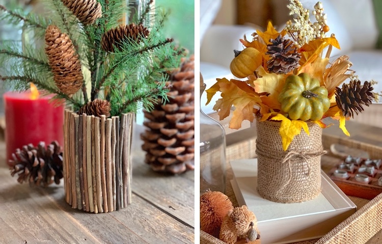 Holiday tin can decorating ideas for Christmas garland and fall leaves. 
