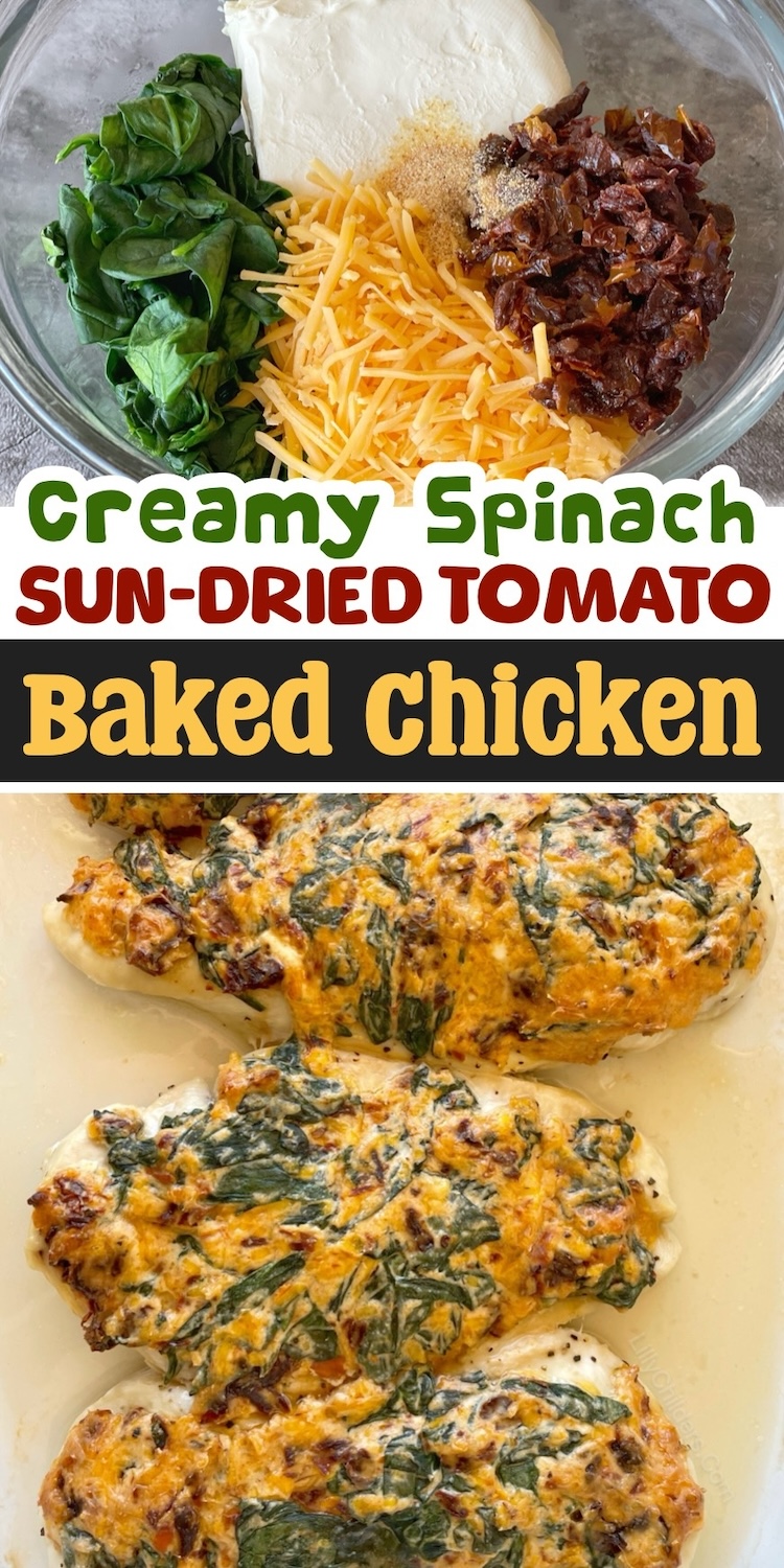 How to make the best chicken dinner recipe in the oven with chicken breasts smothered in a creamy mixture that includes a block of cream cheese, shredded cheddar, garlic, spinach, and sun-dried tomatoes. 