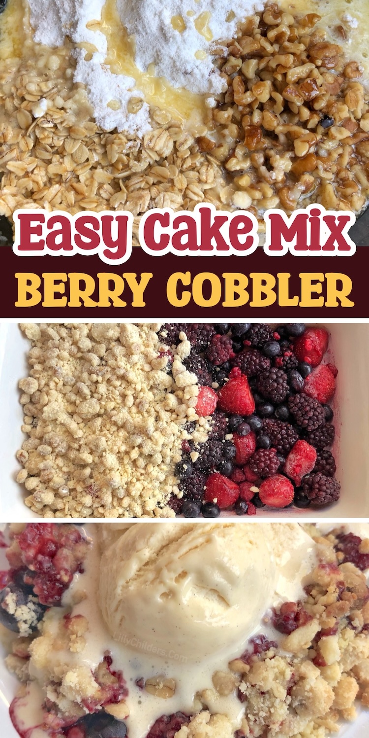Homemade Berry Cobbler made with yellow cake mix, frozen fruit, butter, walnuts, and oats. Just 5 ingredients need to make the best quick and easy dessert. Simple and yet the most delicious dessert your family will love. 