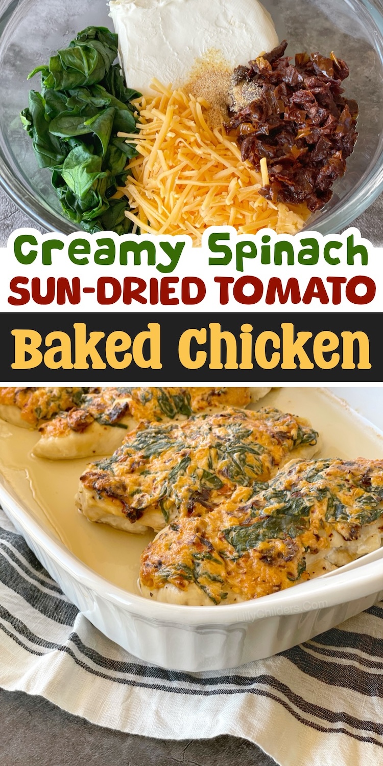 Easy Baked Chicken Recipe With Creamy Spinach & Sun-Dried Tomatoes | A low carb family friendly dinner idea that can be customized with a side of rice, pasta, or potatoes for the kids. 