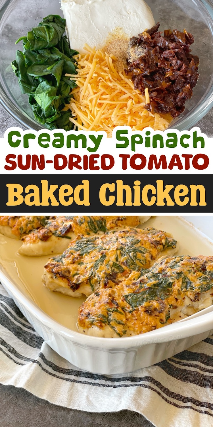 Easy Baked Chicken Recipe With Creamy Spinach & Sun-Dried Tomatoes | A low carb family friendly dinner idea that can be customized with a side of rice, pasta, or potatoes for the kids. 