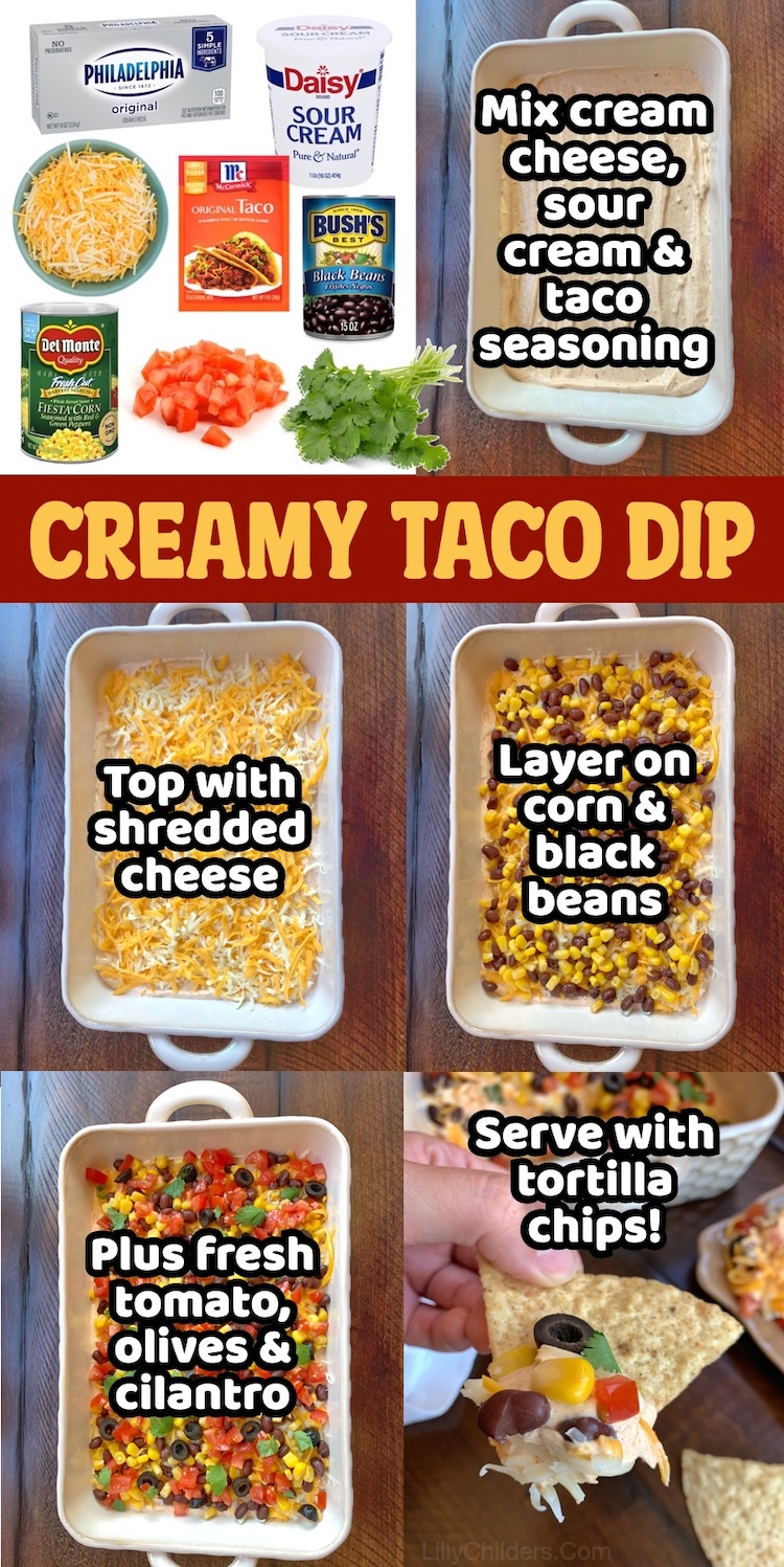 Step by step instructions on how to make a cold cream cheese taco dip. An easy make ahead appetizer served with tortilla chips. 